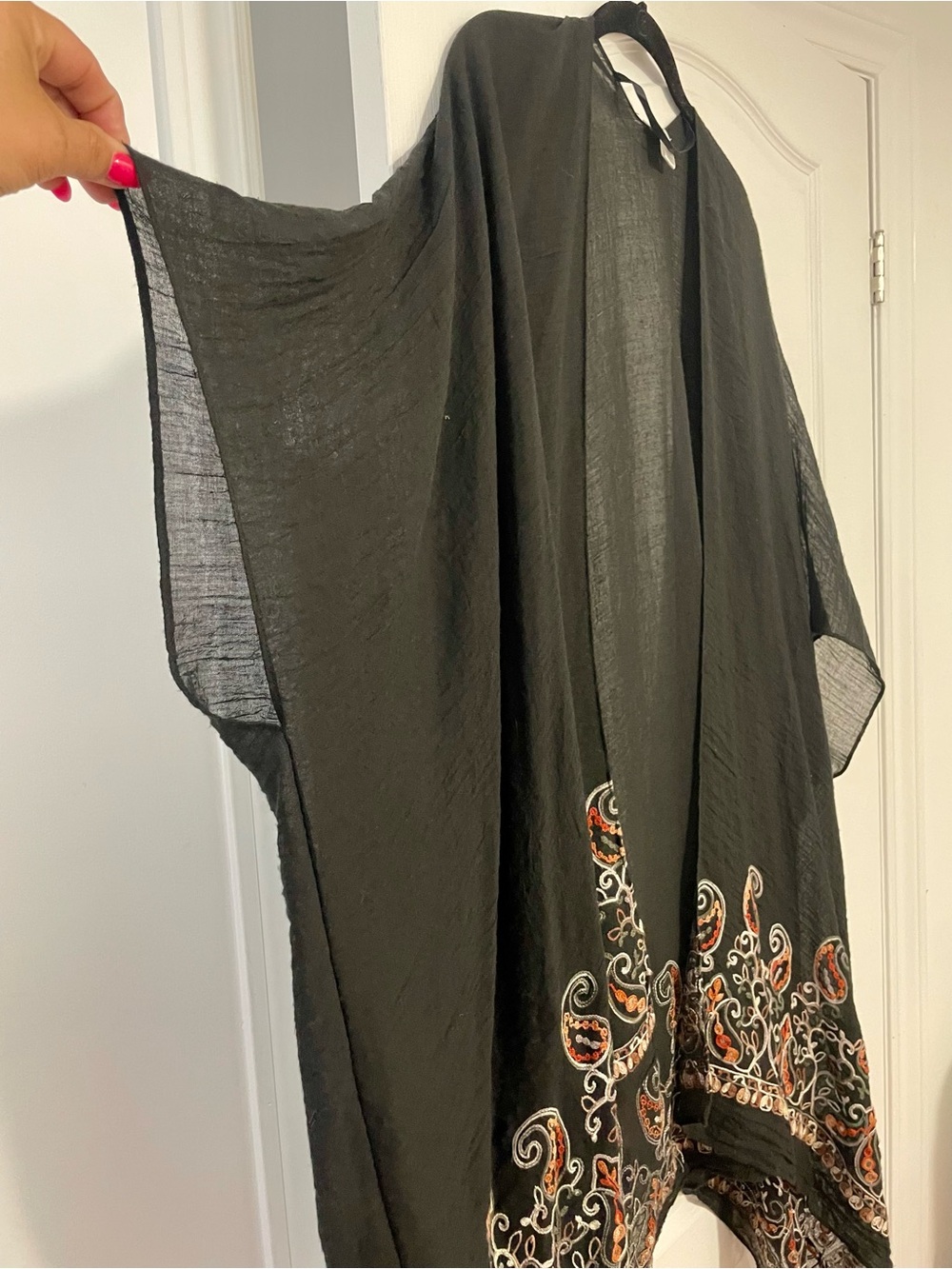 O/S Black Embroidered Kaftan with Orange Paisley Trim by Kismet